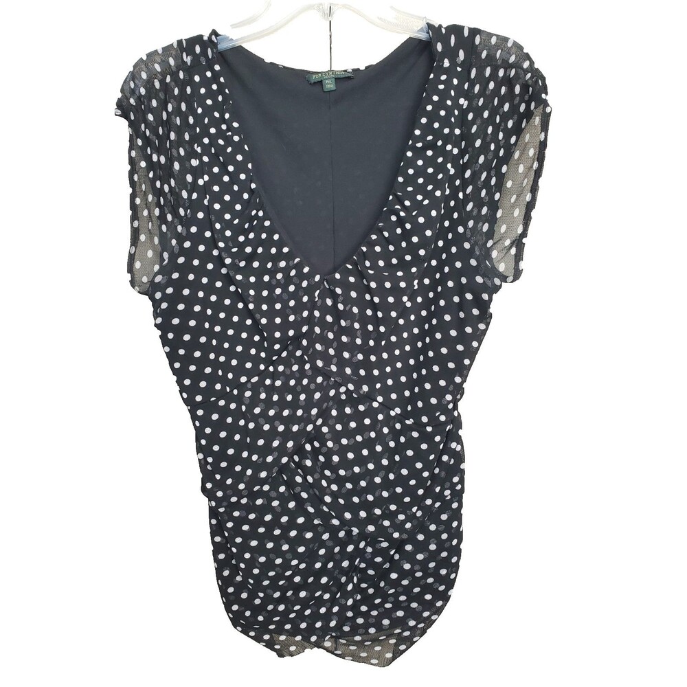 For Cynthia Black Polka Dot Mesh Tiered Ruched Cap Sleeve Blouse Size PXL